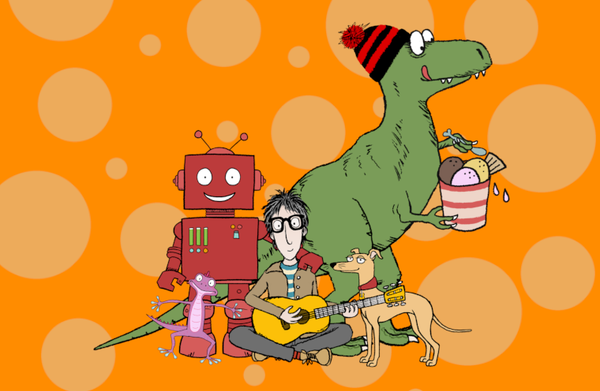 An stylised illustration of Nick Cope with his guitar, sat in an ecclectric group. A T-Rex in a bobble hat eats ice cream, a boxy red smiling robot, a pink lizard dancing, a dog looking on adoringly.