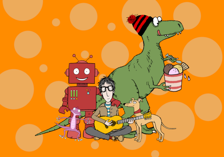 An stylised illustration of Nick Cope with his guitar, sat in an ecclectric group. A T-Rex in a bobble hat eats ice cream, a boxy red smiling robot, a pink lizard dancing, a dog looking on adoringly.