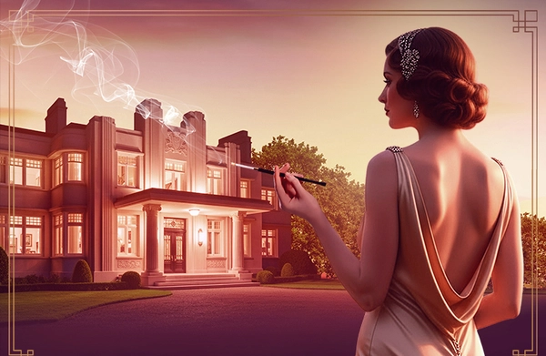 Marquise Eloise de Kestournel in a champagne 1930s style dress stands looking at a art deco style mansion, smoking a cigarette against the pink sunset evening sky.