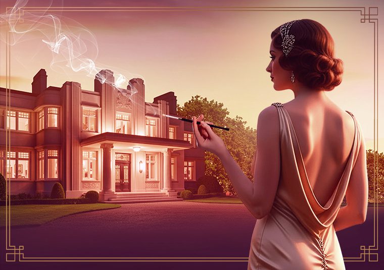 Marquise Eloise de Kestournel in a champagne 1930s style dress stands looking at a art deco style mansion, smoking a cigarette against the pink sunset evening sky.