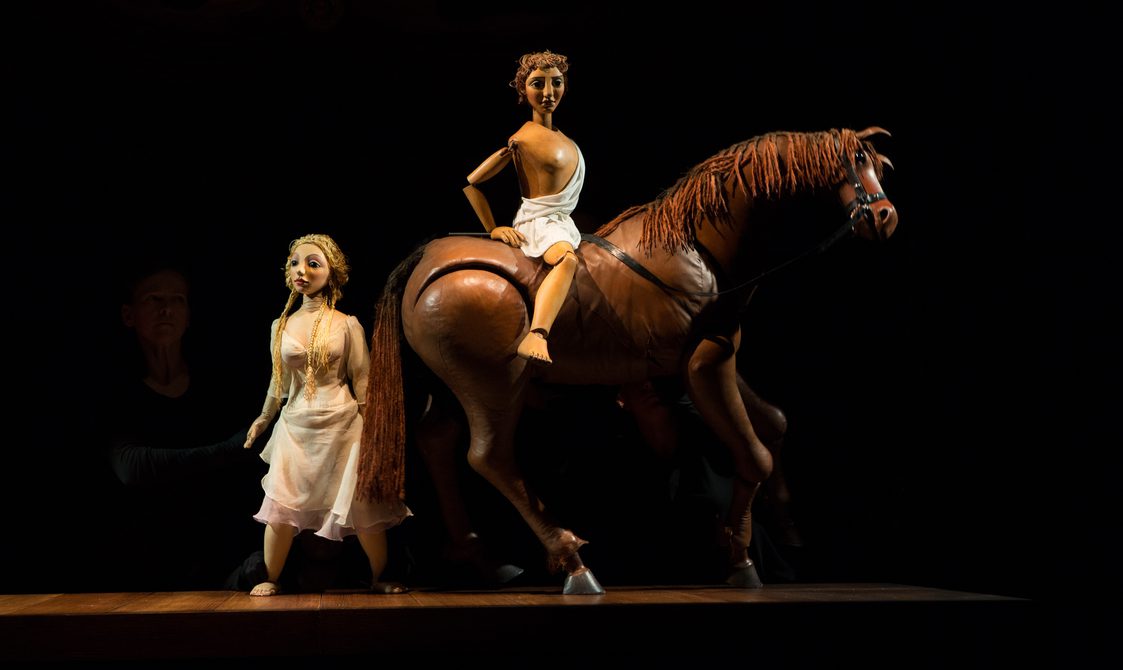 Venus stood behind Adonis on his horse. Puppet design inspired by Japanese Bunraku puppets and the Jacobean Court Masque..