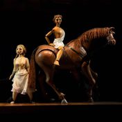 Venus stood behind Adonis on his horse. Puppet design inspired by Japanese Bunraku puppets and the Jacobean Court Masque..