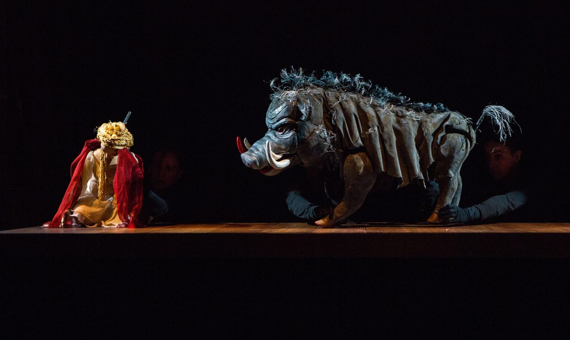 Venus crying next to a boar. Puppet design inspired by Japanese Bunraku puppets and the Jacobean Court Masque.
