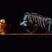 Venus crying next to a boar. Puppet design inspired by Japanese Bunraku puppets and the Jacobean Court Masque.