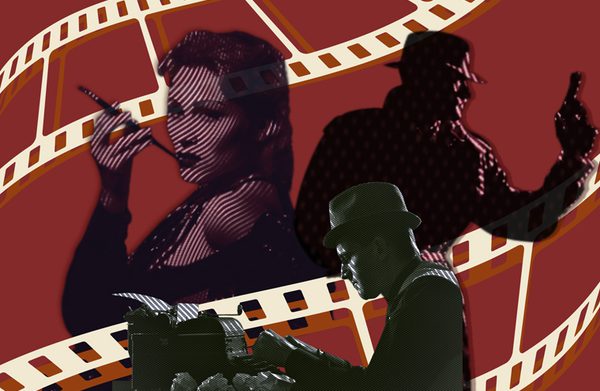A collage of film noir-like images of black and white actors in 1940s costumes including a policeman with a fedora and large overcoat holding a pistol, a woman in a cocktail dress smoking a cigarette, and a reporter typing on a typewriter with a fedora and round spectacles. A maroon background with white illustrations of vintage film reels weaving between the actors.