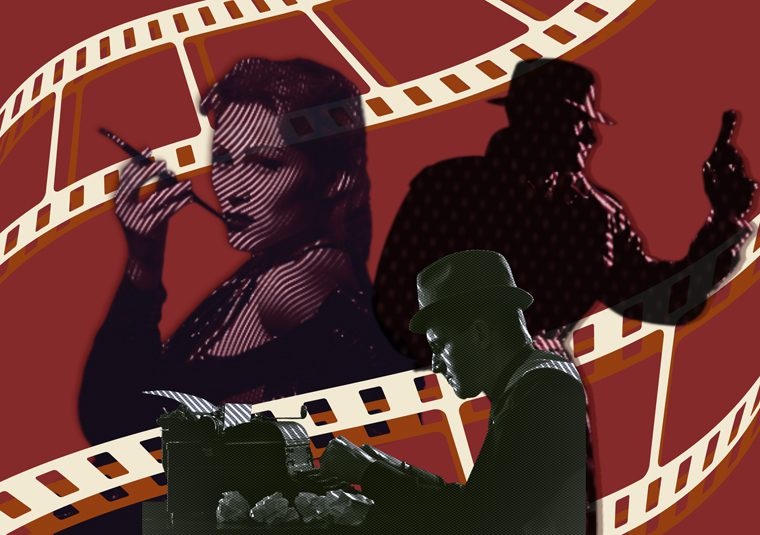 A collage of film noir-like images of black and white actors in 1940s costumes including a policeman with a fedora and large overcoat holding a pistol, a woman in a cocktail dress smoking a cigarette, and a reporter typing on a typewriter with a fedora and round spectacles. A maroon background with white illustrations of vintage film reels weaving between the actors.