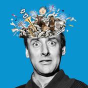 A black & white image of Spike Milligan with a confused expression on his face. Cartoon images are coming out of the top of his head with random items featured, including a trumpet and a donkey. and words that read BANG, GO AWAY, POP, BBC and COMPLAINTS