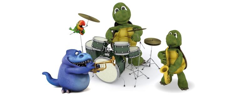 Group of cartoon creatures playing musical instruments. A dinosaur plays the Trumpet, a tropical bird plays a guitar and 2 turtles play drums and a saxophone