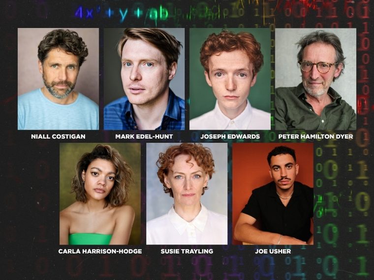 Cast headshots in a grid with a coding background behind it