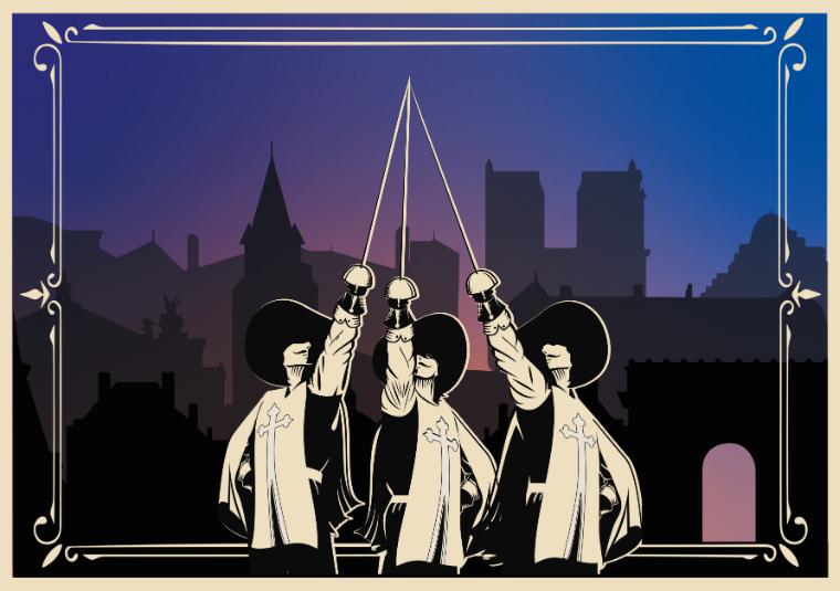 A digital image of three men holding up swords into the sky so the blades meet at the end. They all have the other hand resting on their hip. In the background there is a city scape of Paris.