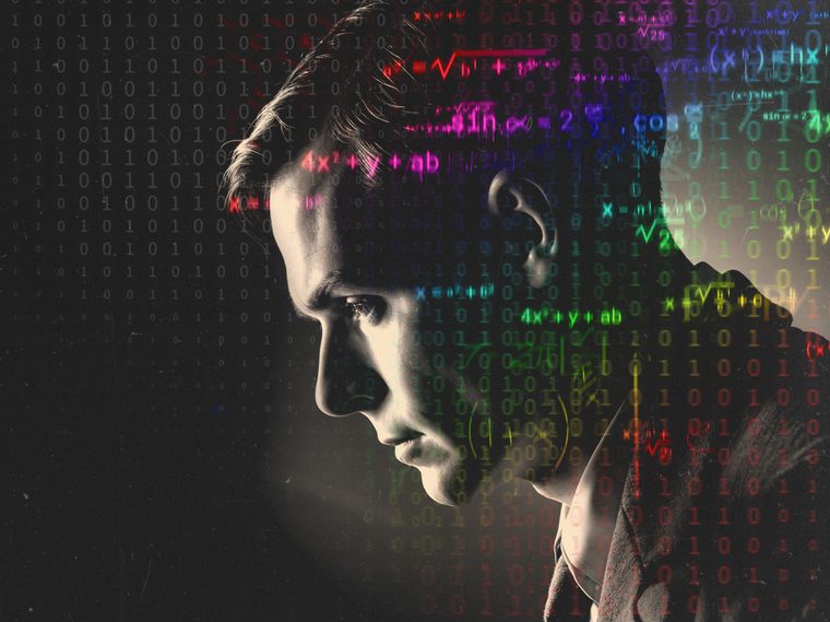 Side view of Alan Turing looking downwards in black and white with multi-coloured mathematical formulae and binary code overlaying.