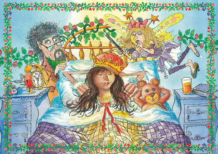 Illustration of a woman sleeping in a bed with her hands behind her head wearing a crown, with long brown curly hair. A teddy bear is next to her in the same position. There is a fairy floating above them with a wand and a man the other side of the bed wearing a long brown coat and glasses.