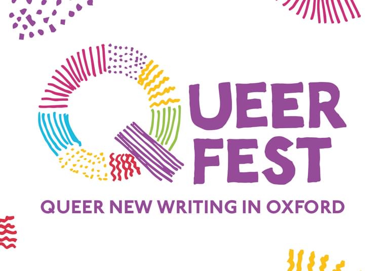 'Queer Fest' written in purple on a white background, with 'Queer New Writing in Oxford' underneath in a smaller text. Abstract shapes are dotted around the title.