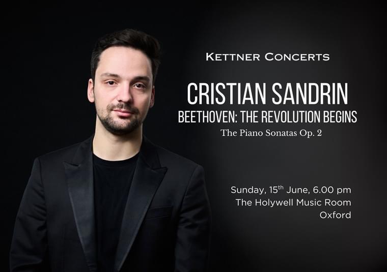 Performer looking at camera, with text giving details of the concert on a black background