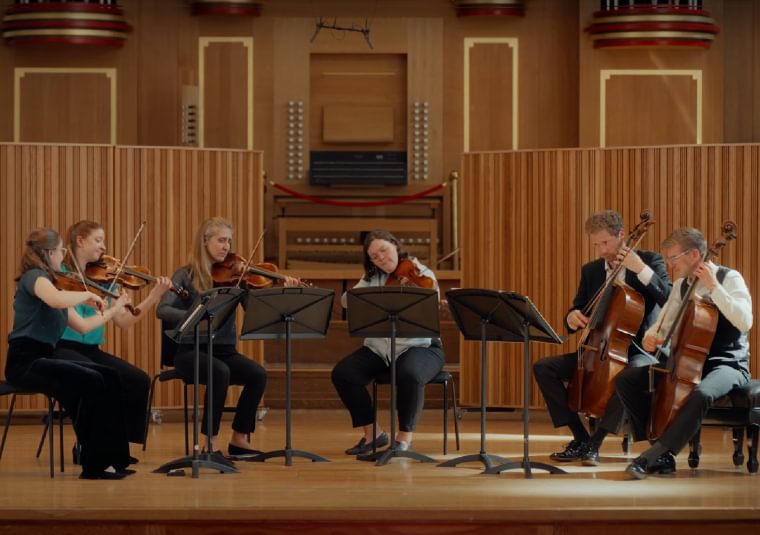 The performers playing their instruments on a wooden stage