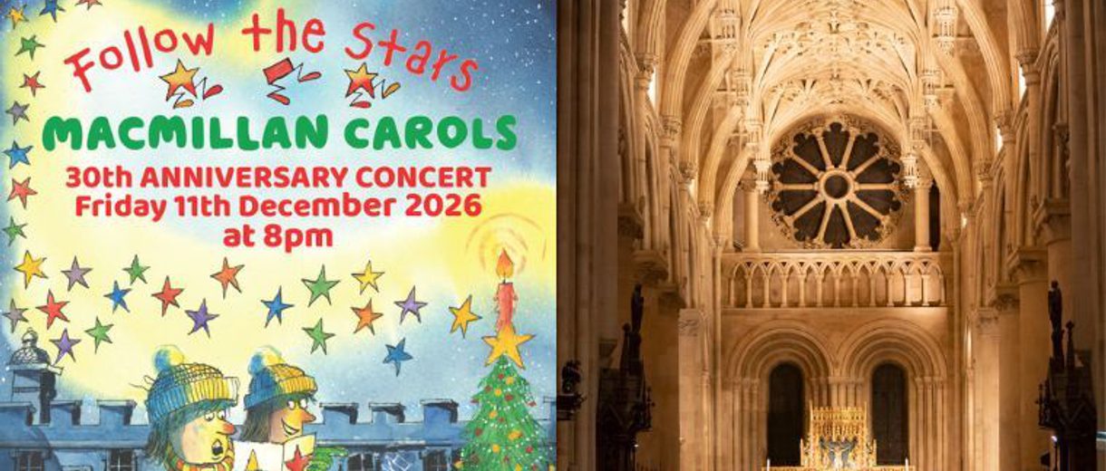 A split screen image, one side showing the exterior of Christ Church cathedral and a title treatment for the event, and the other side showing the interior of the cathedral