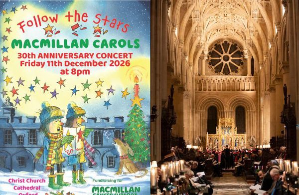 A split screen image, one side showing the exterior of Christ Church cathedral and a title treatment for the event, and the other side showing the interior of the cathedral