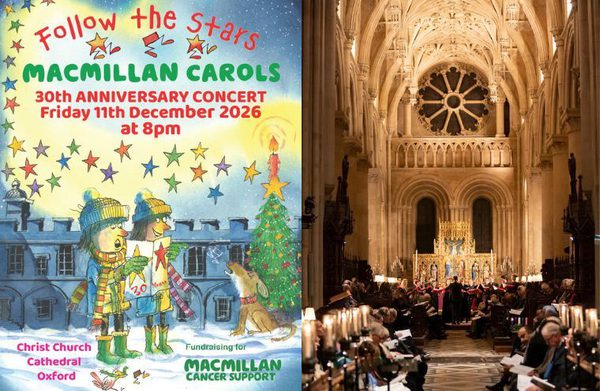 A split screen image, one side showing the exterior of Christ Church cathedral and a title treatment for the event, and the other side showing the interior of the cathedral