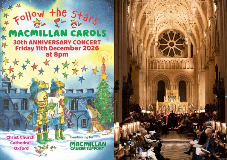 A split screen image, one side showing the exterior of Christ Church cathedral and a title treatment for the event, and the other side showing the interior of the cathedral