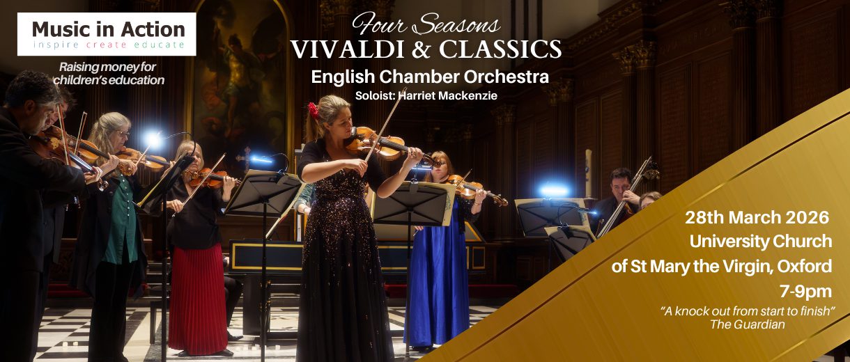 The performer playing an instrument above a title treatment