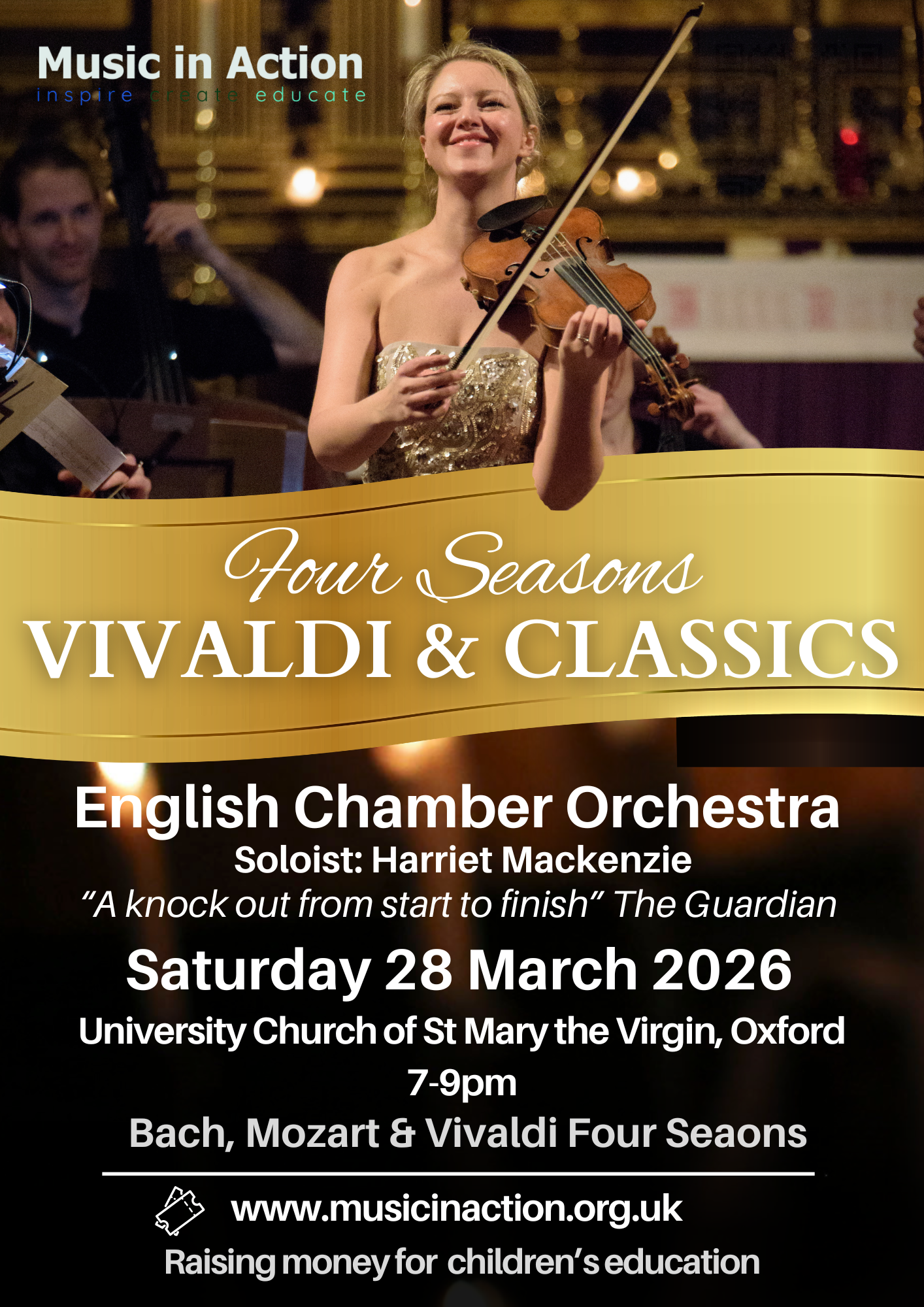 The performer playing an instrument above a title treatment