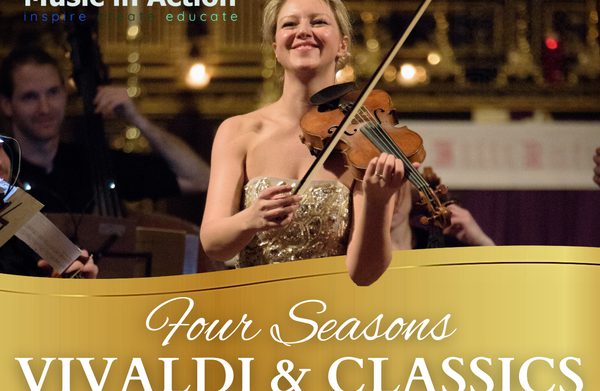 The performer playing an instrument above a title treatment