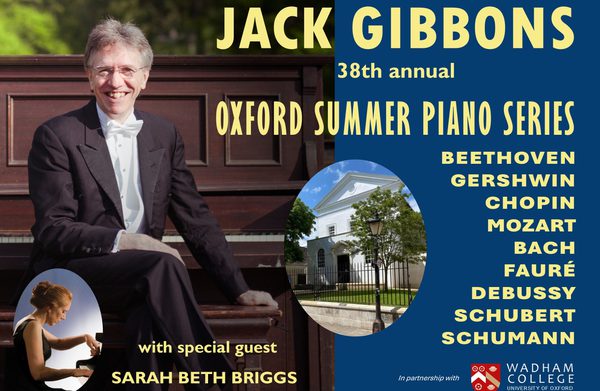 The artist sitting at a piano, facing the camera, with a title treatment on the right hand side listing the composers featured in the series