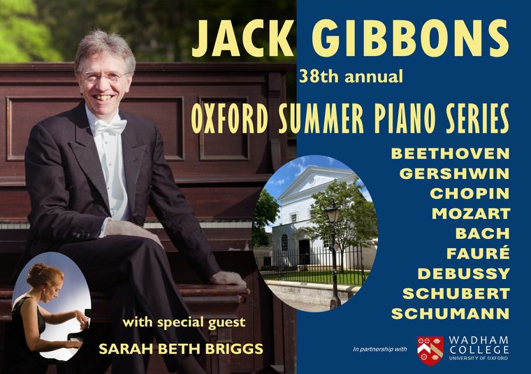 The artist sitting at a piano, facing the camera, with a title treatment on the right hand side listing the composers featured in the series