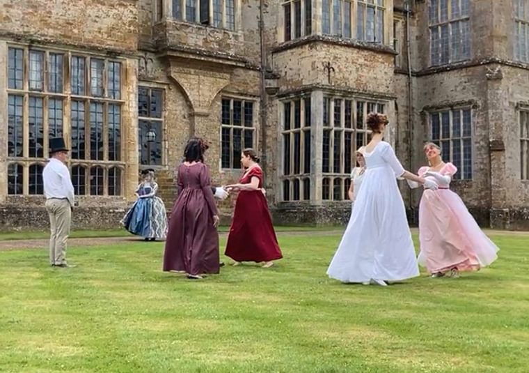 A graphic depicting dancing on a college quad