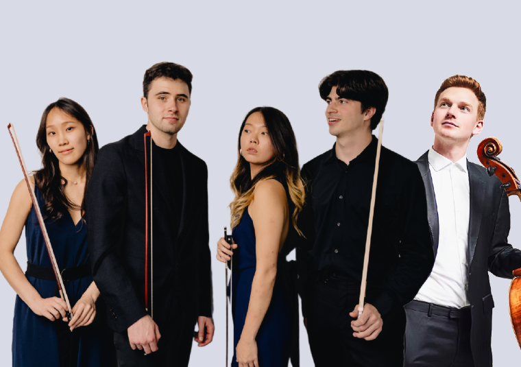 The performers looking at the camera and holding their instruments