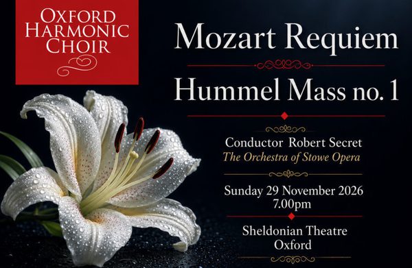 A flower, with the event title treatment, and the Oxford Harmonic Choir logo