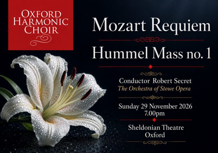 A flower, with the event title treatment, and the Oxford Harmonic Choir logo