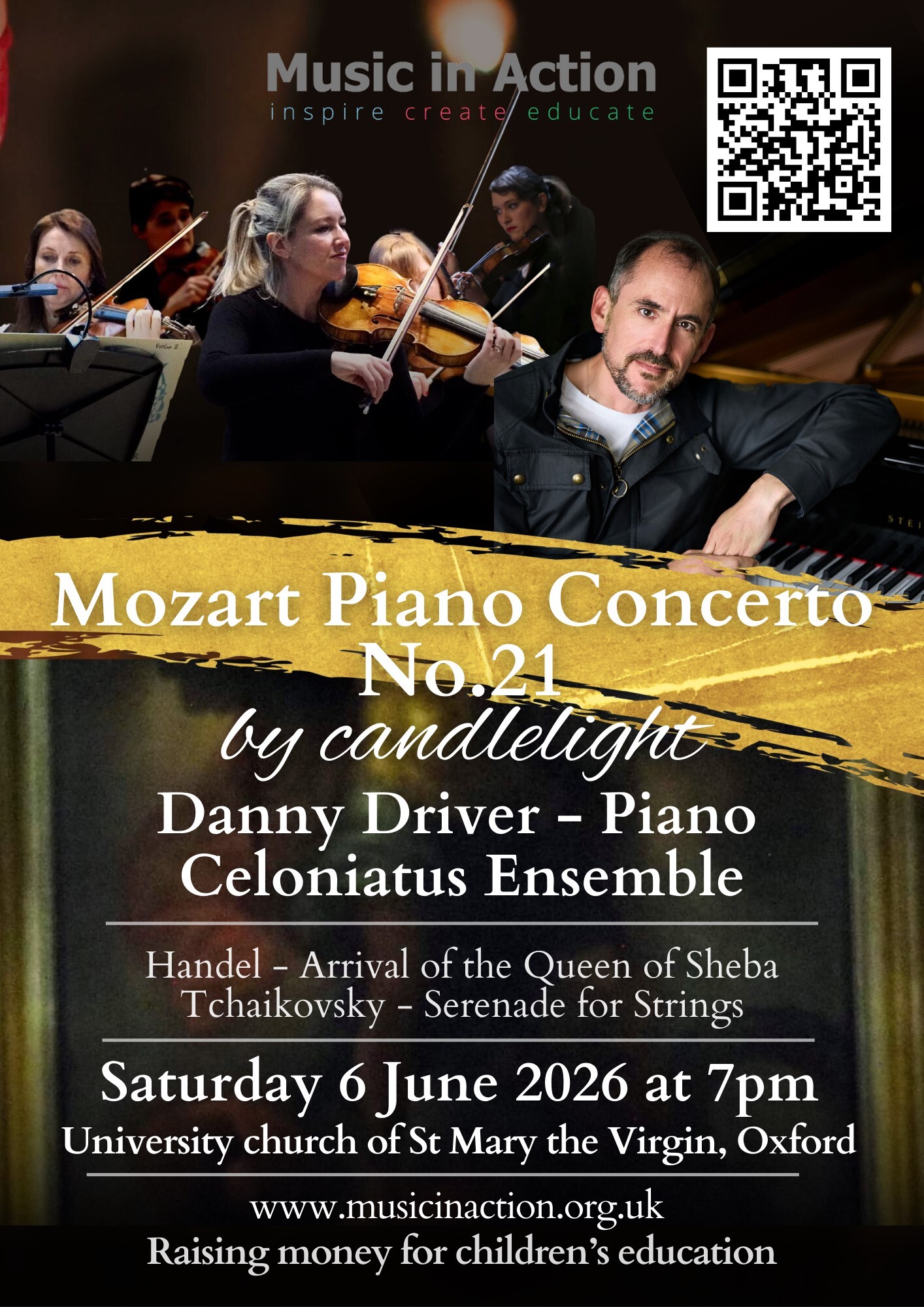 The performer looking at the camera and a title and programme description