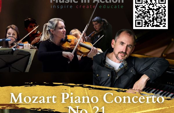 The performer looking at the camera and a title and programme description