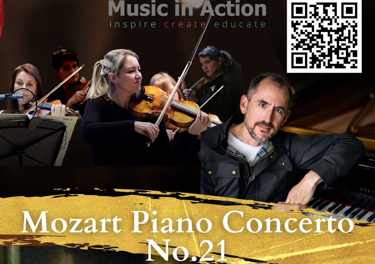 The performer looking at the camera and a title and programme description