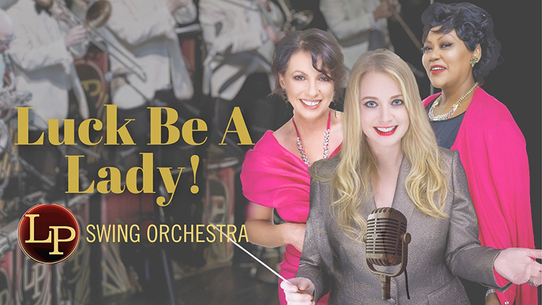 The performers standing behind a microphone with the title to the left of the image