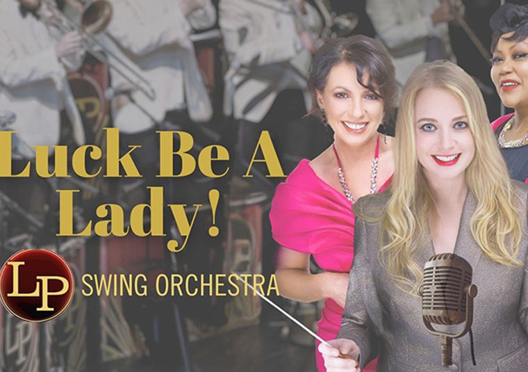 The performers standing behind a microphone with the title to the left of the image