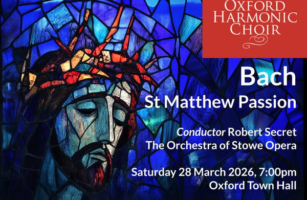 A person wearing a crown of thorns on a blue stained glass window