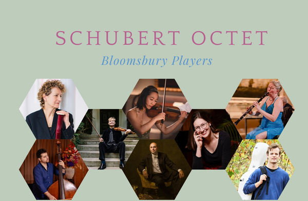 The performers and their instruments, depicted in a hexagonal pattern