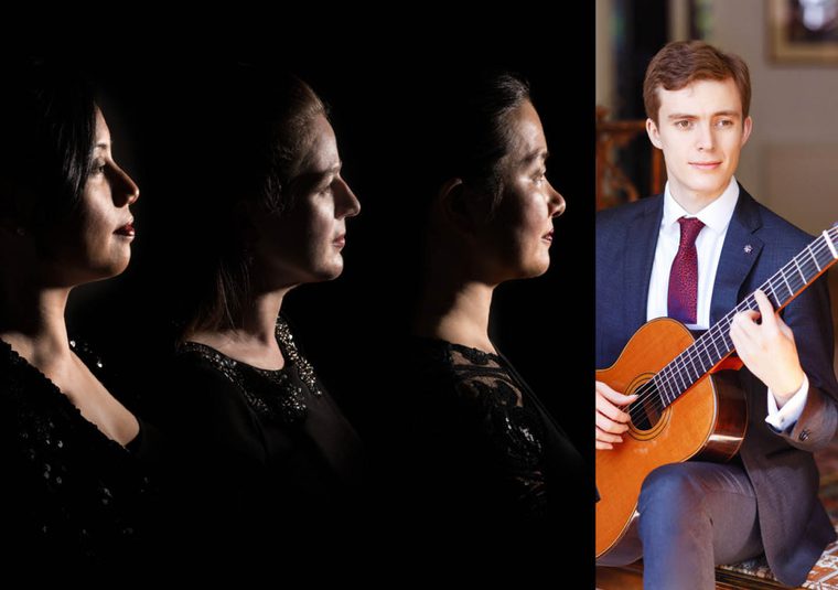 3 performers shown in profile shot against a dark background, and 1 performer to their right holding an instrument