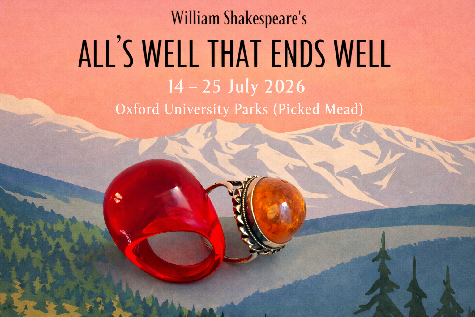 A treatment depicting a forest mountain landscape with two rings in prominence